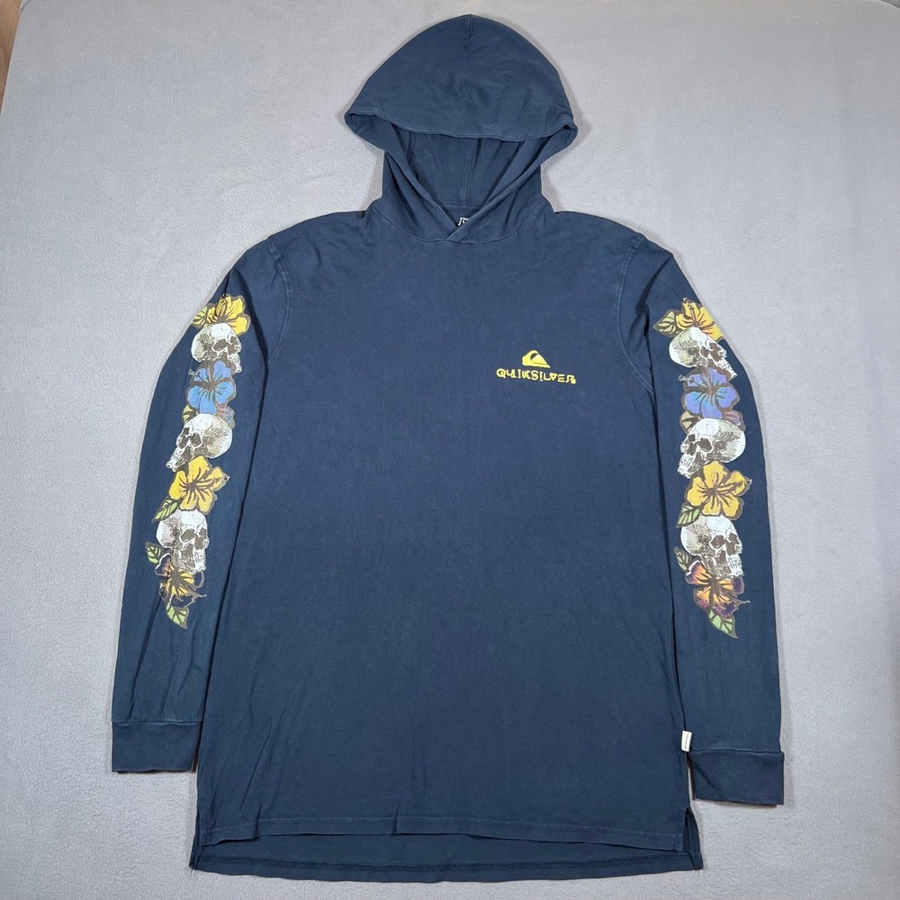 Quiksilver Hooded Shirt OG Skull Chain‎ Hoodie Blue Size Medium Floral Sleeves